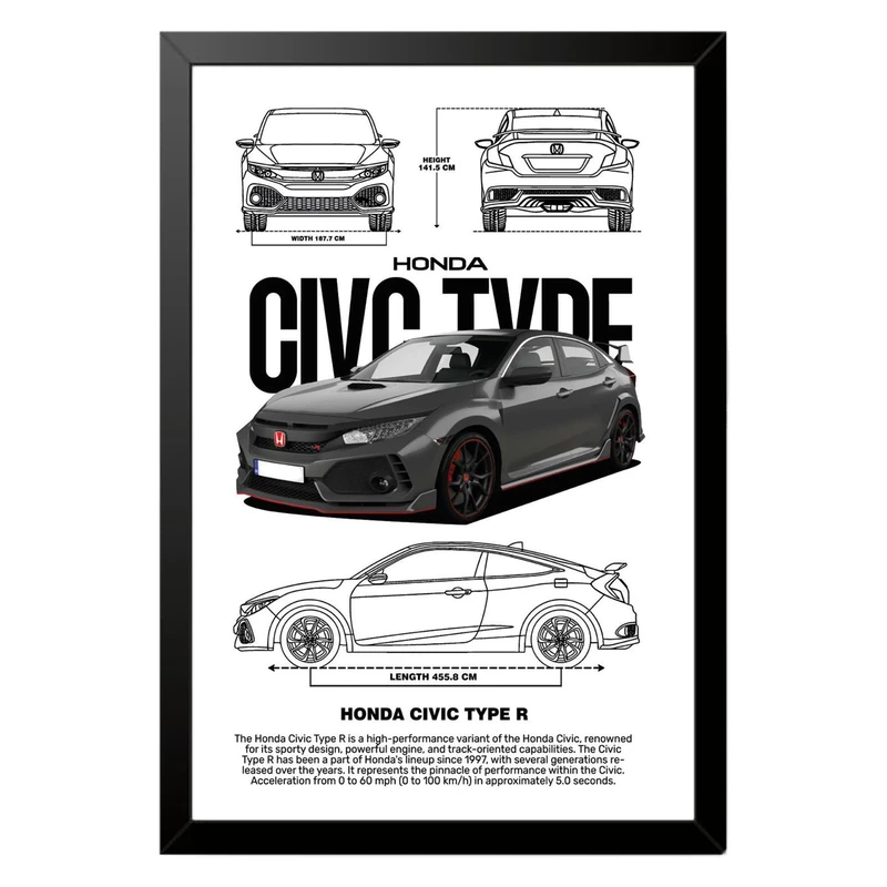 تابلو بکلیت طرح ماشین و خودرو هوندا HONDA CIVIC مدل b-po1550 فریم مشکی