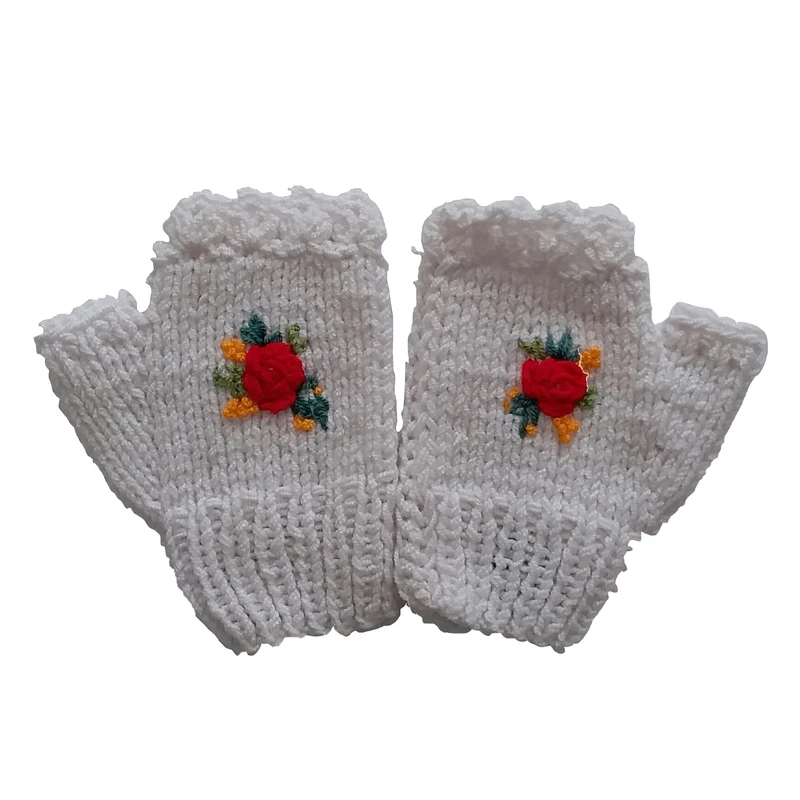 دستکش بافتنی دخترانه مدل دستباف گلدوزی H104