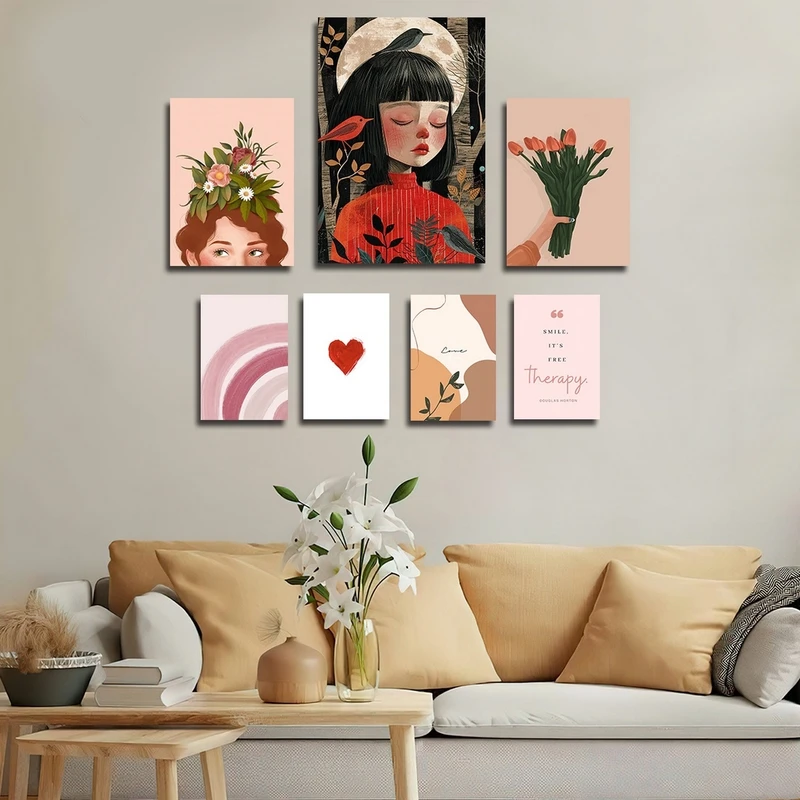 تابلو شاسی بکلیت طرح نقاشی مینیمال چهره و قلب مدل SH-2354 مجموعه 7 عددی