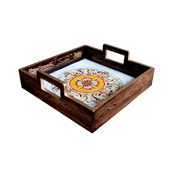 سینی دسته دار مدل چوبی رزین کد 2210 سایز 25*25 سانتی متر