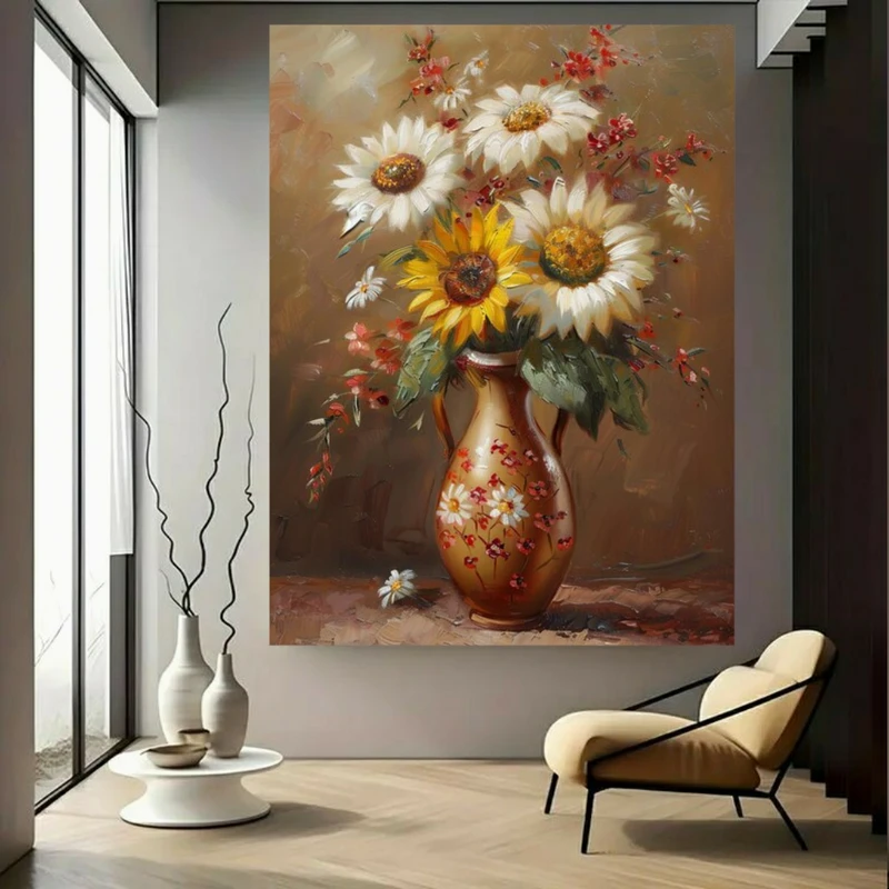 تابلو بوم طرح مخمل نقاشی گلدان آفتابگردان کد BK23548