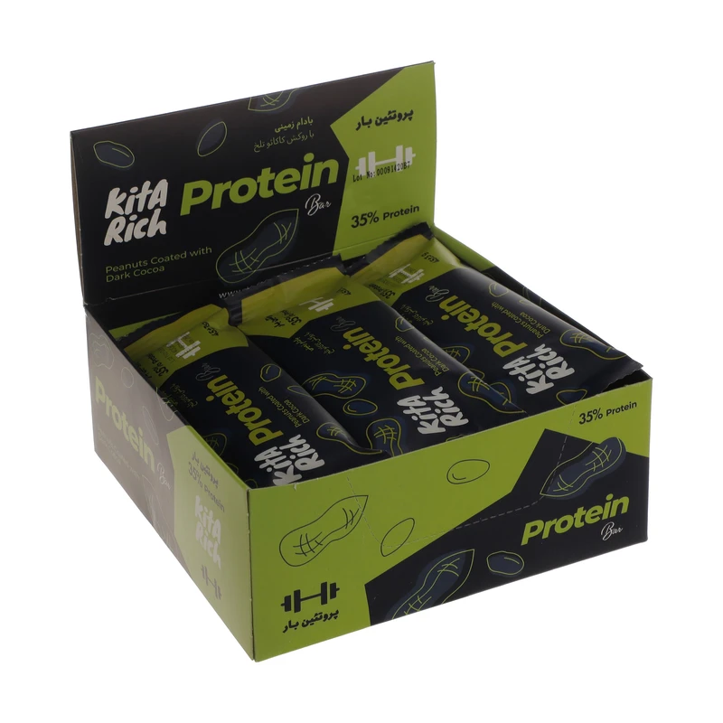 پروتئین بار بادام زمینی کیتاریچ با روکش کاکائو تلخ بسته 12 عددی