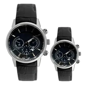 ست ساعت مچی عقربه‌ای کوارتز زنانه و مردانه مدل تک موتوره تقویم دار بند چرم قفل فیکس کد RM3