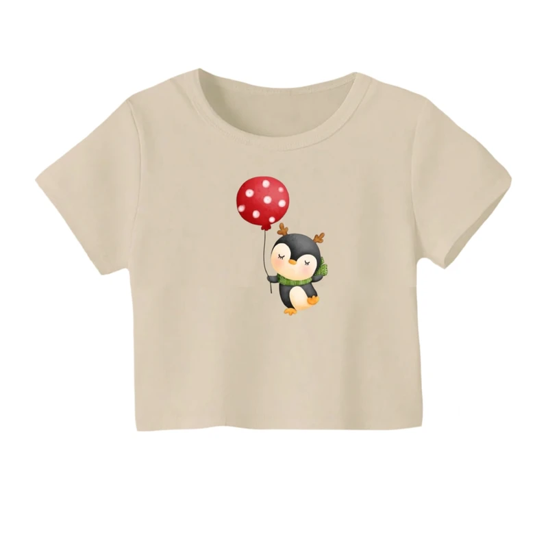 کراپ‌ تی‌شرت آستین کوتاه زنانه مدل پنگوئن کریسمس کد 7