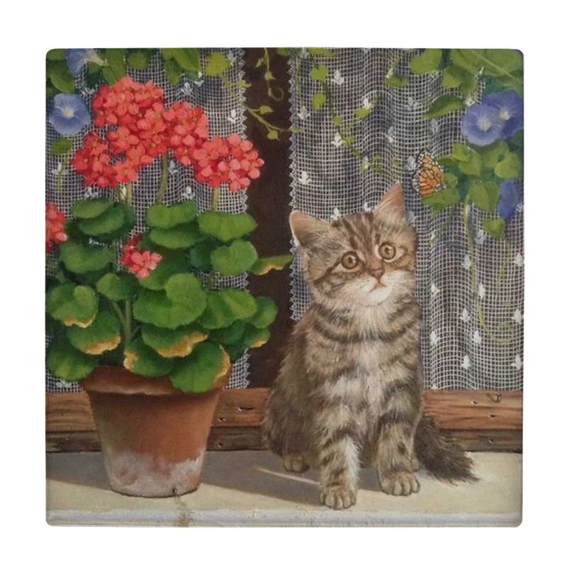  زیر لیوانی طرح نقاشی گربه و گلدان شمعدانی کد    3455321_1308