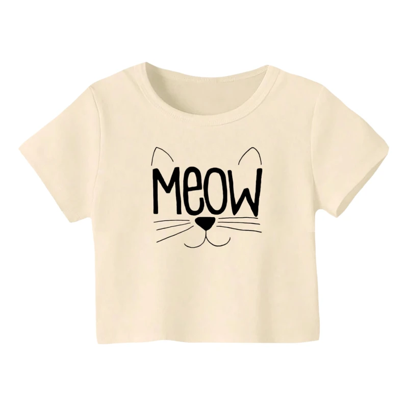 کراپ‌ تی‌شرت آستین کوتاه زنانه مدل گربه کد 14