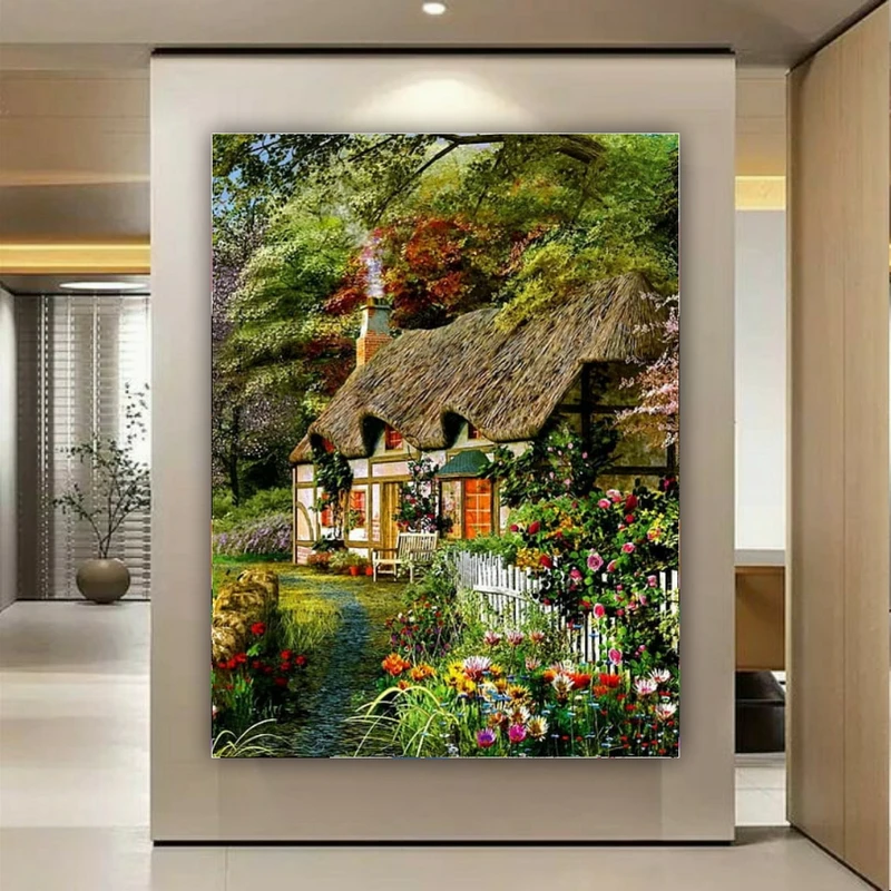 تابلو بوم طرح مخمل کلبه روستایی مدل طبیعت سرسبز کد FP106105