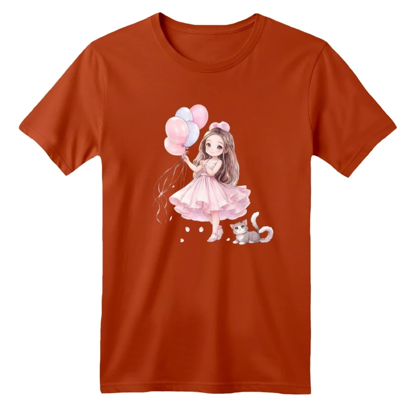 تی شرت آستین کوتاه بچگانه مدل دخترک و گربه