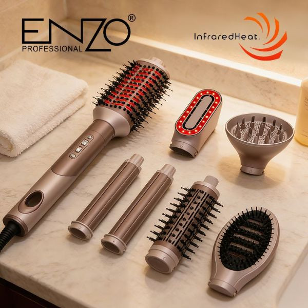 سشوار برس‌دار حالت‌دهنده انزو پروفیشینال مدل EN-507 با توان 1500 وات، موتور BLDC، فناوری مادون قرمز و یون منفی، دارای 6 عملکرد خشک کردن، صاف کردن، فر کردن و حجم‌دهی مو، همراه با سری‌های متنوع، مناسب استفاده خانگی