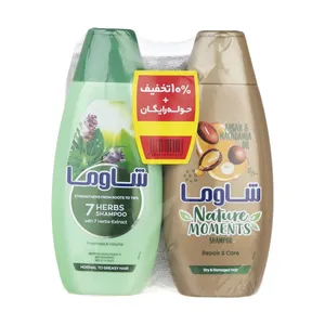 شامپو مو شاوما مدل 7Herbs و Argan-Mcadamia Oil حجم 400 میلی لیتر به همراه حوله هدیه