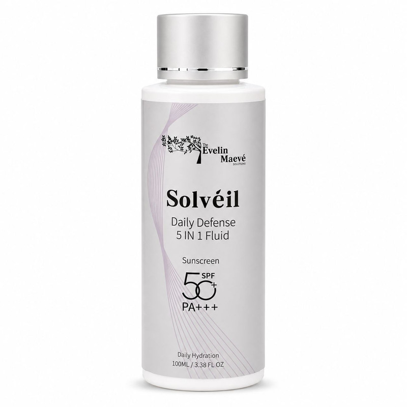 ضد آفتاب فلوئیدی بی رنگ صورت و بدن راهکارهای اِوِلین مِیو pa+++ spf50 مدل daily defense محافظ در برابر UVA,UVB مناسب برای انواع پوست حجم 100 میلی لیتر