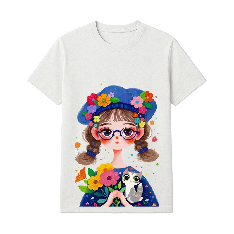 تی‌شرت آستین کوتاه راحتی دخترانه مدل گربه و دخترک