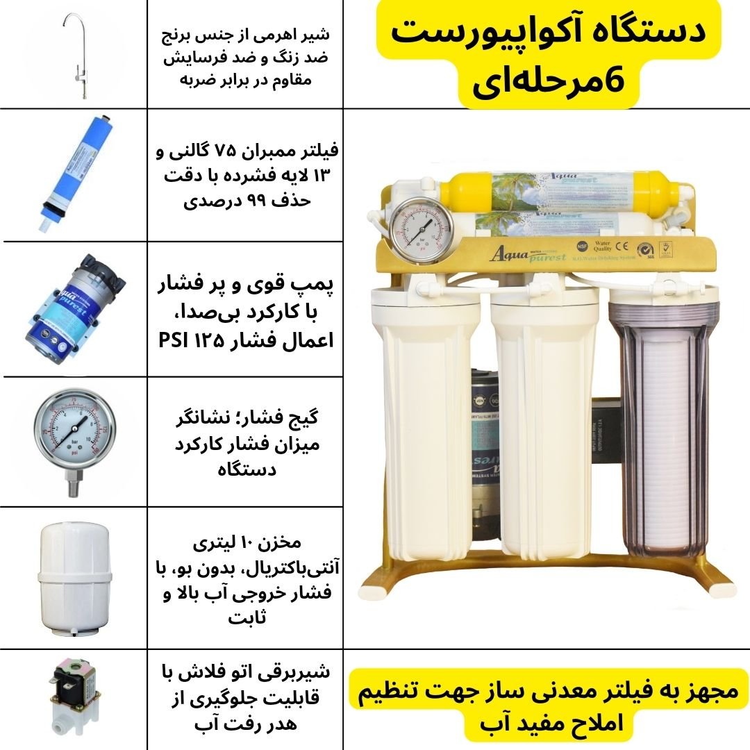 دستگاه تصفیه کننده آب آکوا پیورست مدل GOLD SYSTEM 6065 به همراه فیلتر تصفیه کننده آب مجموعه 7 عددی