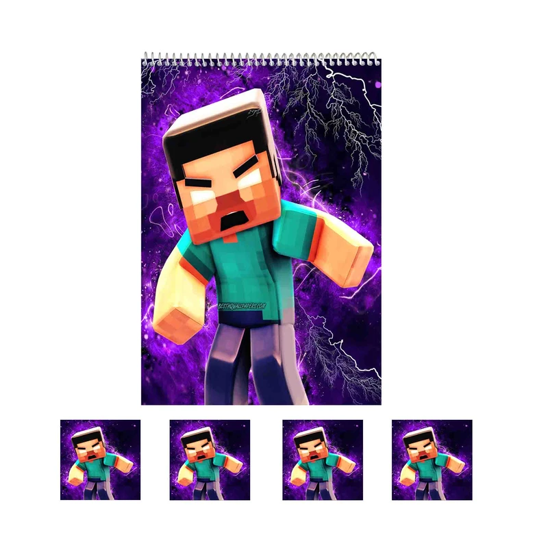 دفتر نقاشی 50 برگ مدل بازی ماینکرافت کد B5 به همراه برچسب مجموعه 5 عددی