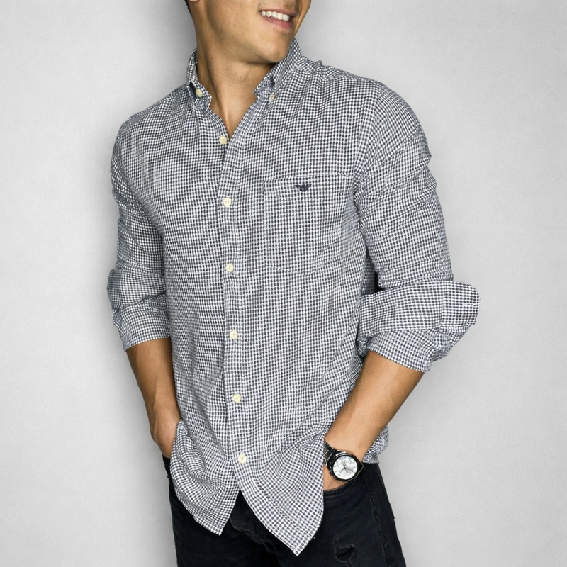 پیراهن آستین بلند یقه برگردان مردانه مدل چهار خانه ریز تک جیب