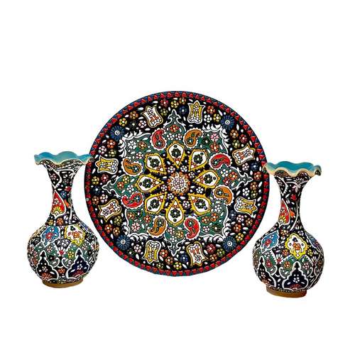 ست 3 تکه گلدان و بشقاب میناکاری کد 2025