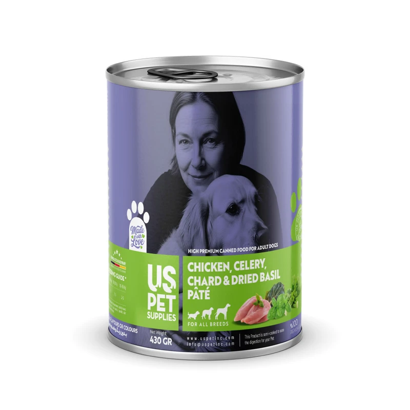 کنسرو غذای سگ یو اس پت مدل های پریمیوم طعم مرغ و کرفس و ریحان وزن 430 گرم