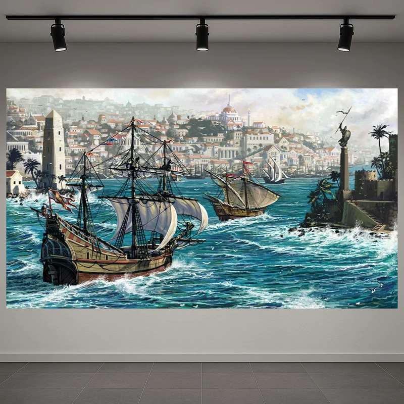 پوستر طرح نقاشی شهر ساحلی مدل کشتی کد AR3060616