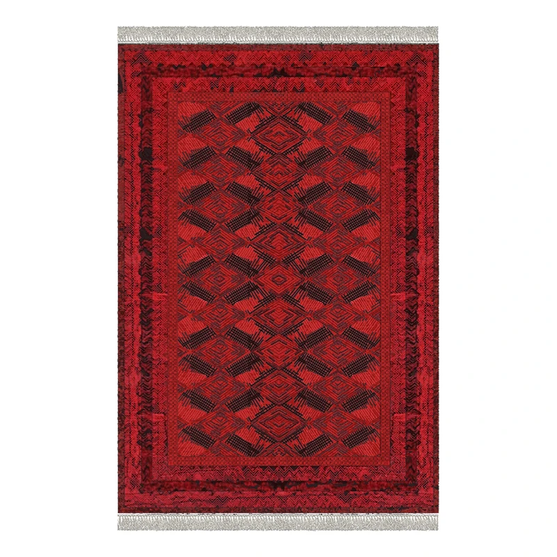 فرش ماشینی 1000 شانه هانوکس زمینه قرمز حاشیه چند رنگ مدل لاکی کد L239