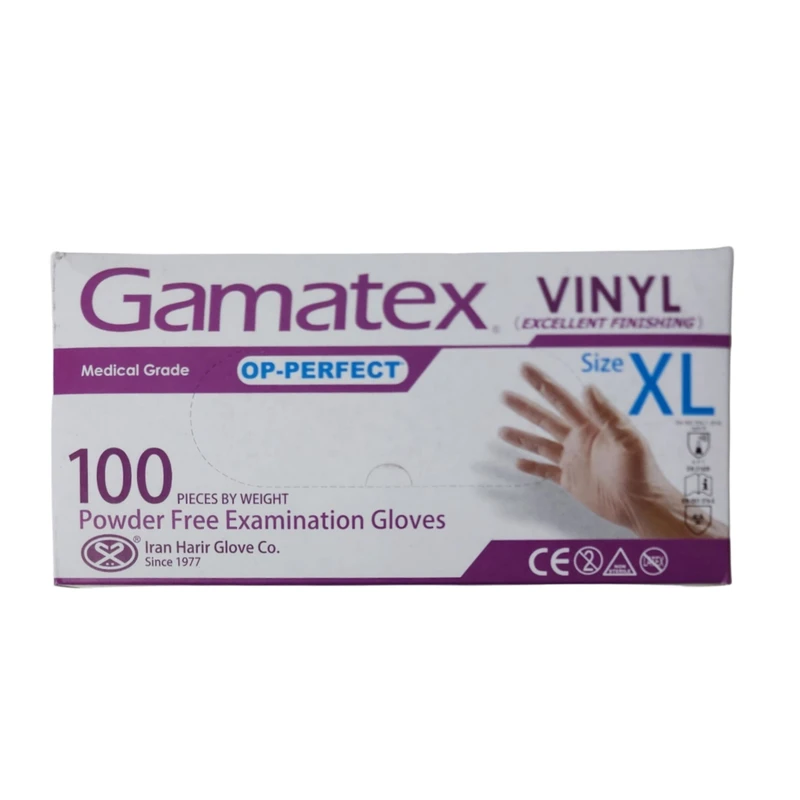 دستکش وینیل غیر پودری حریر مدل GAMATEX سایز خیلی بزرگ (XL) بسته 100 عددی