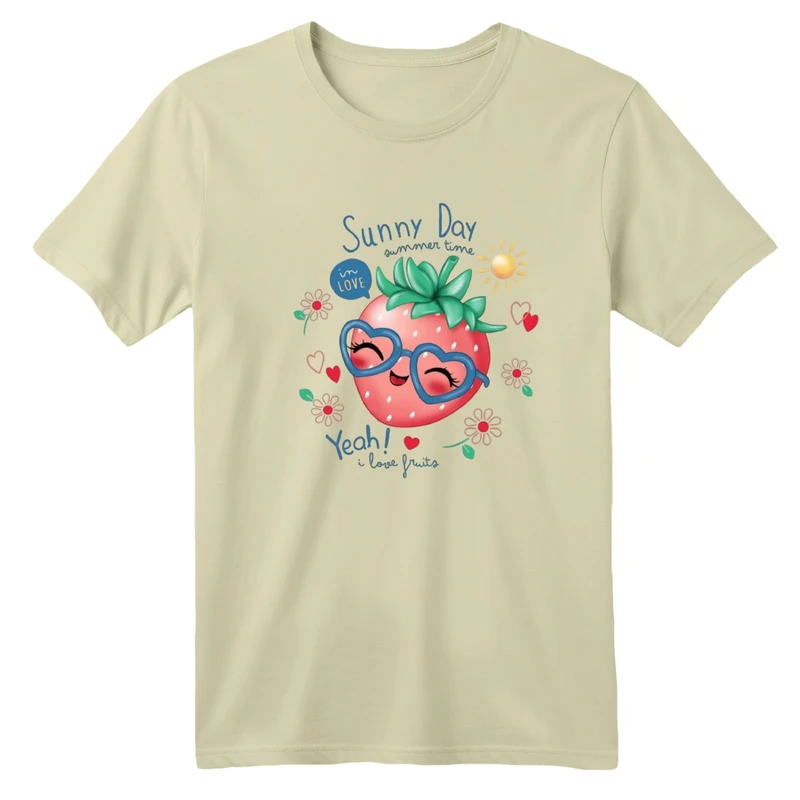 تی شرت آستین کوتاه بچگانه مدل توت فرنگی رنگ کرم روشن