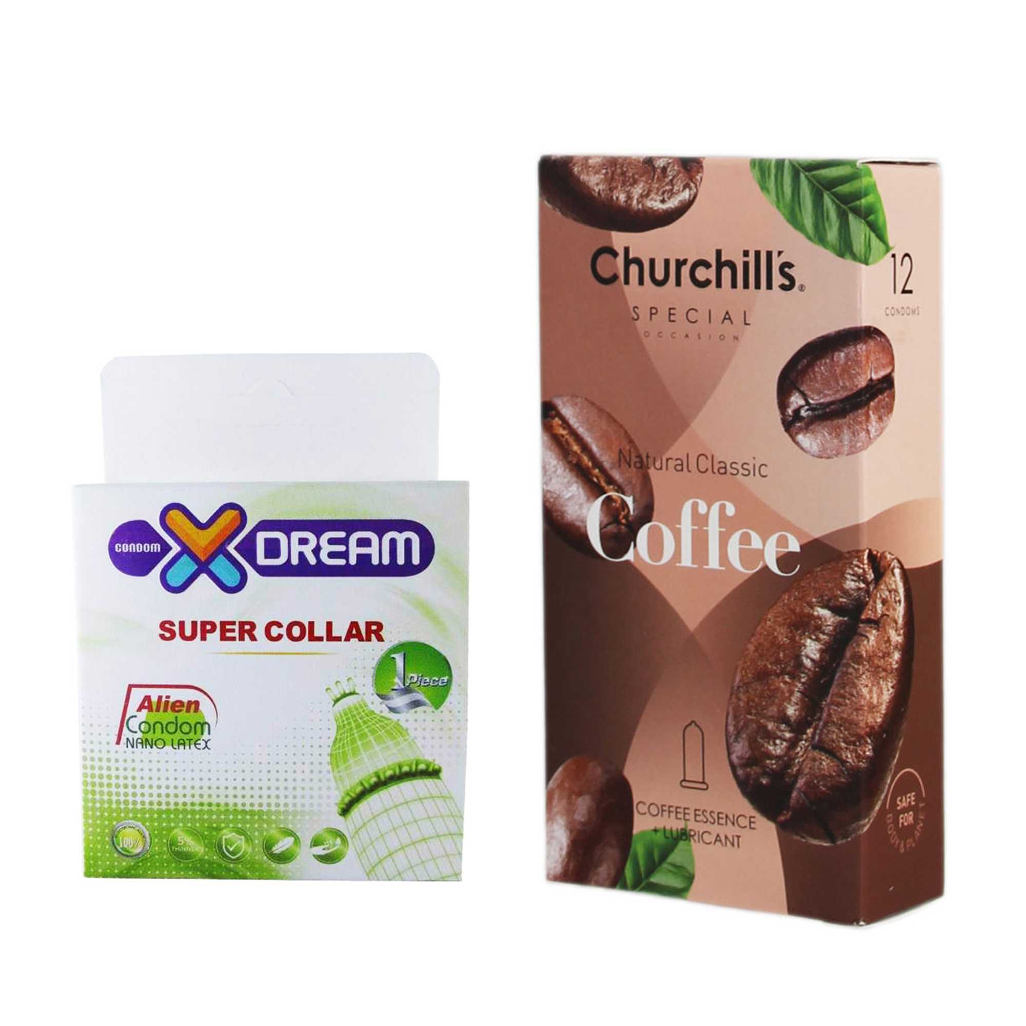 کاندوم چرچیلز مدل Coffee بسته 12 عددی به همراه کاندوم ایکس دریم مدل Super Collar