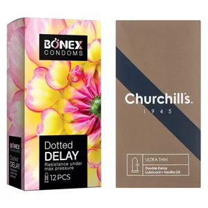 کاندوم چرچیلز مدل Ultra Thin Double Delay بسته 12 عددی به همراه کاندوم بونکس مدل Dotted Delay بسته 12 عددی 