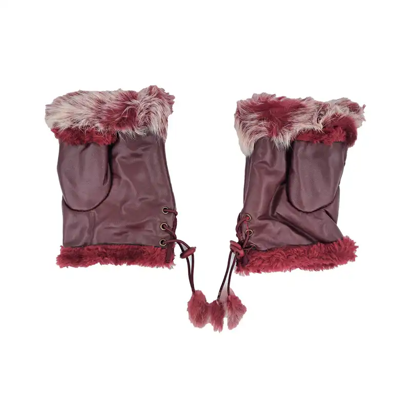 دستکش زنانه مدل نیم انگشتی خز دار کد 1059 رنگ زرشکی