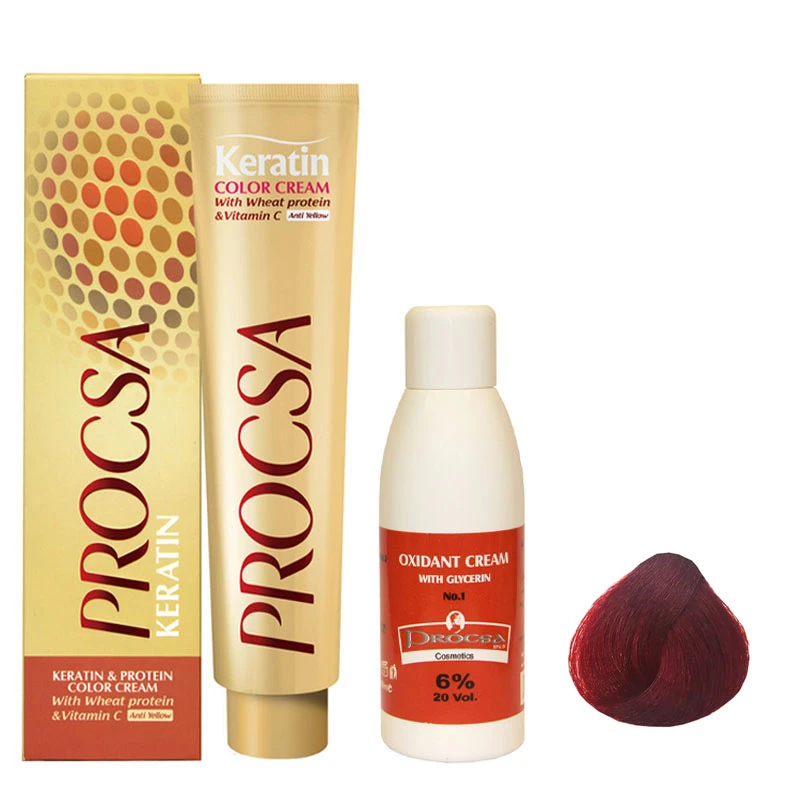 رنگ مو پروکسا سری Red شماره 5.66 حجم 100 میلی لیتر رنگ قهوه ای قرمز روشن به همراه اکسیدان مدل گلیسیرینه شش درصدی حجم 120 میلی لیتر