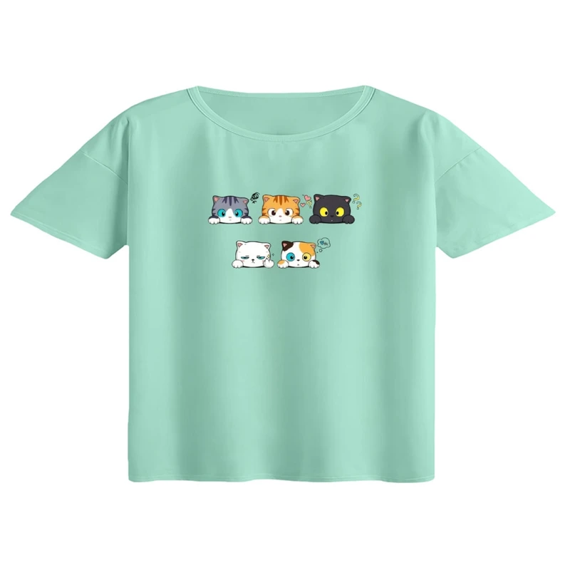 کراپ تی‌شرت آستین کوتاه زنانه مدل گربه های متعجب
