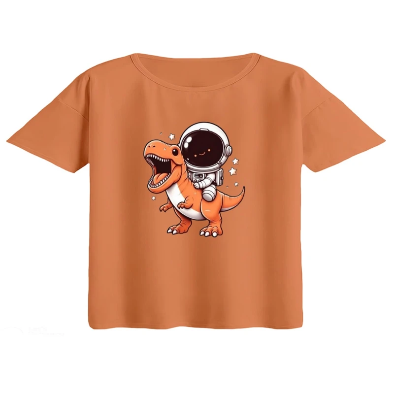 کراپ تی‌شرت آستین کوتاه زنانه مدل فضانورد و دایناسور کد1