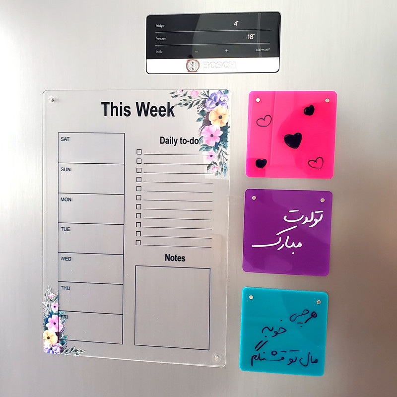 تخته وایت برد مدل پلنر هفتگی طرح گل دار سایز 20*30 سانتی متر به همراه استیکر مجموعه 4 عددی