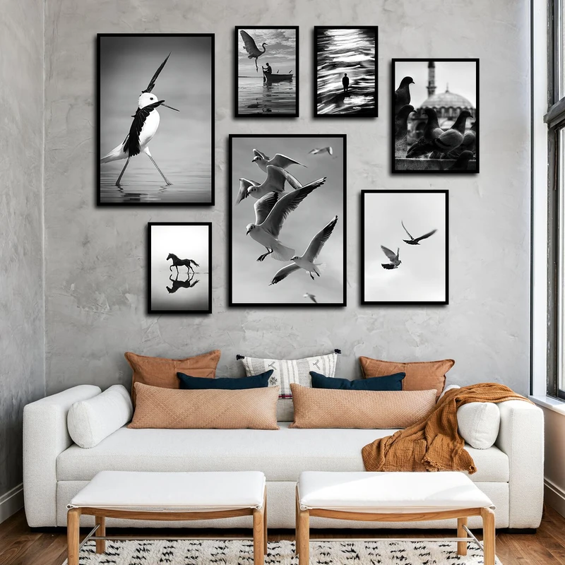 تابلو بکلیت طرح طبیعت دریا و کبوتر و اسب مدل B-3500 فریم مشکی مجموعه 7 عددی