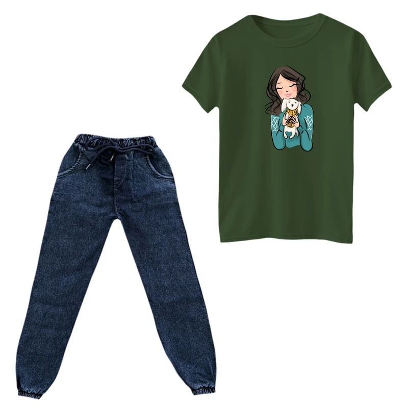 ست تی‌شرت و شلوار دخترانه مدل دخترک کد 03 رنگ  یشمی