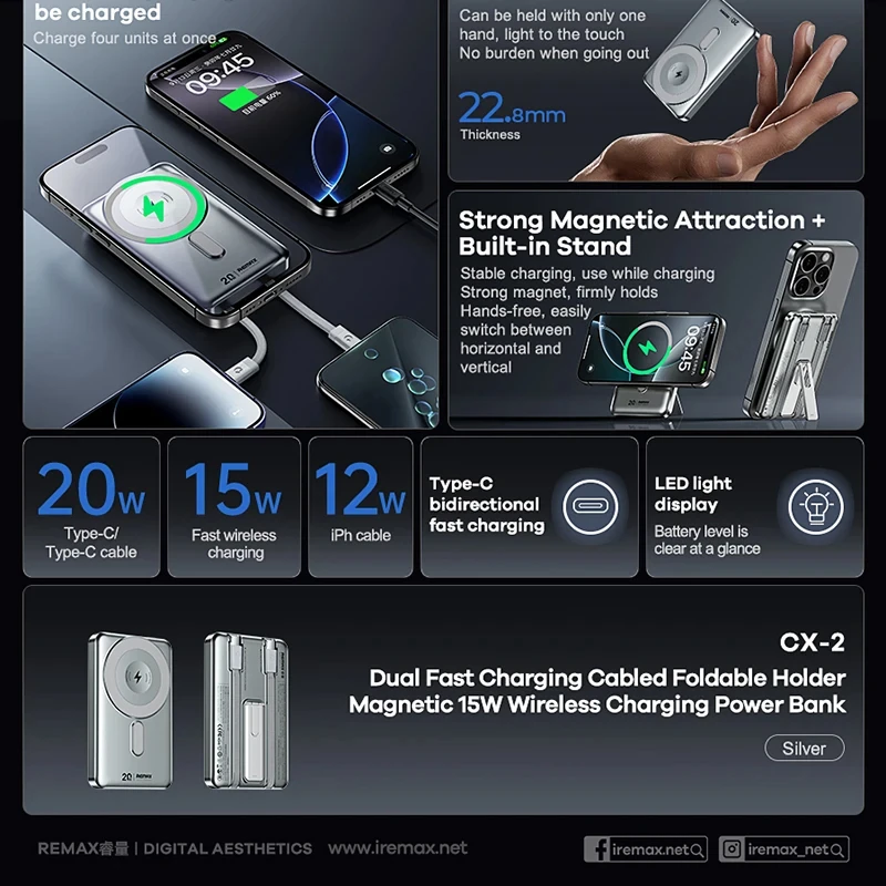 عکس شماره 6 : پاوربانک بی-سیم 20 وات ریمکس مدل cx-2 ظرفیت 10000 میلی آمپر ساعت