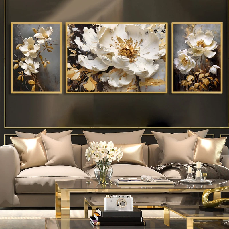 تابلو طرح دکوراتیو گل کد 4101 فریم طلایی مجموعه سه عددی