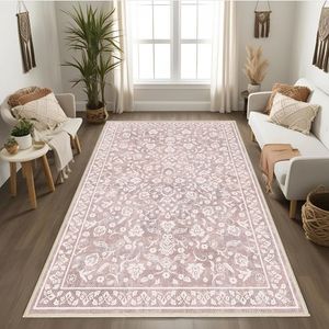 فرش ماشینی 1000 شانه اورکوم زمینه و حاشیه صورتی مدل نانو چاپ بدون پرز کد 1121.04