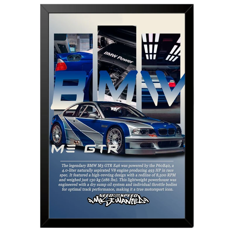 تابلو بکلیت طرح ماشین و خودرو بی ام و BMW M3 GTR NEED FOR SPEED MOST WANTED مدل B-po1879 فریم مشکی