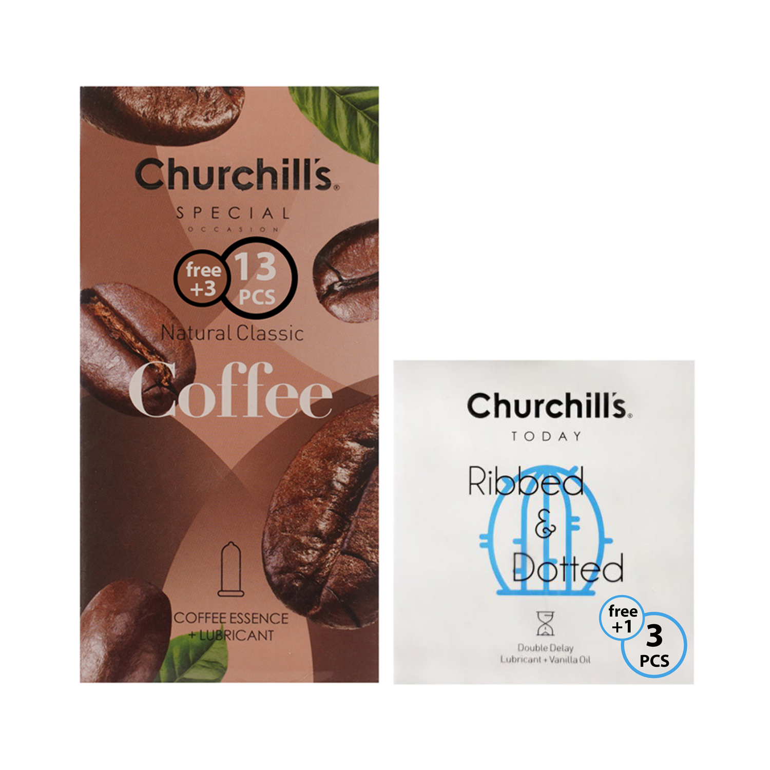 کاندوم چرچیلز مدل coffee بسته 16 عددی به همراه کاندوم چرچیلز مدل ribbeed بسته 4 عددی