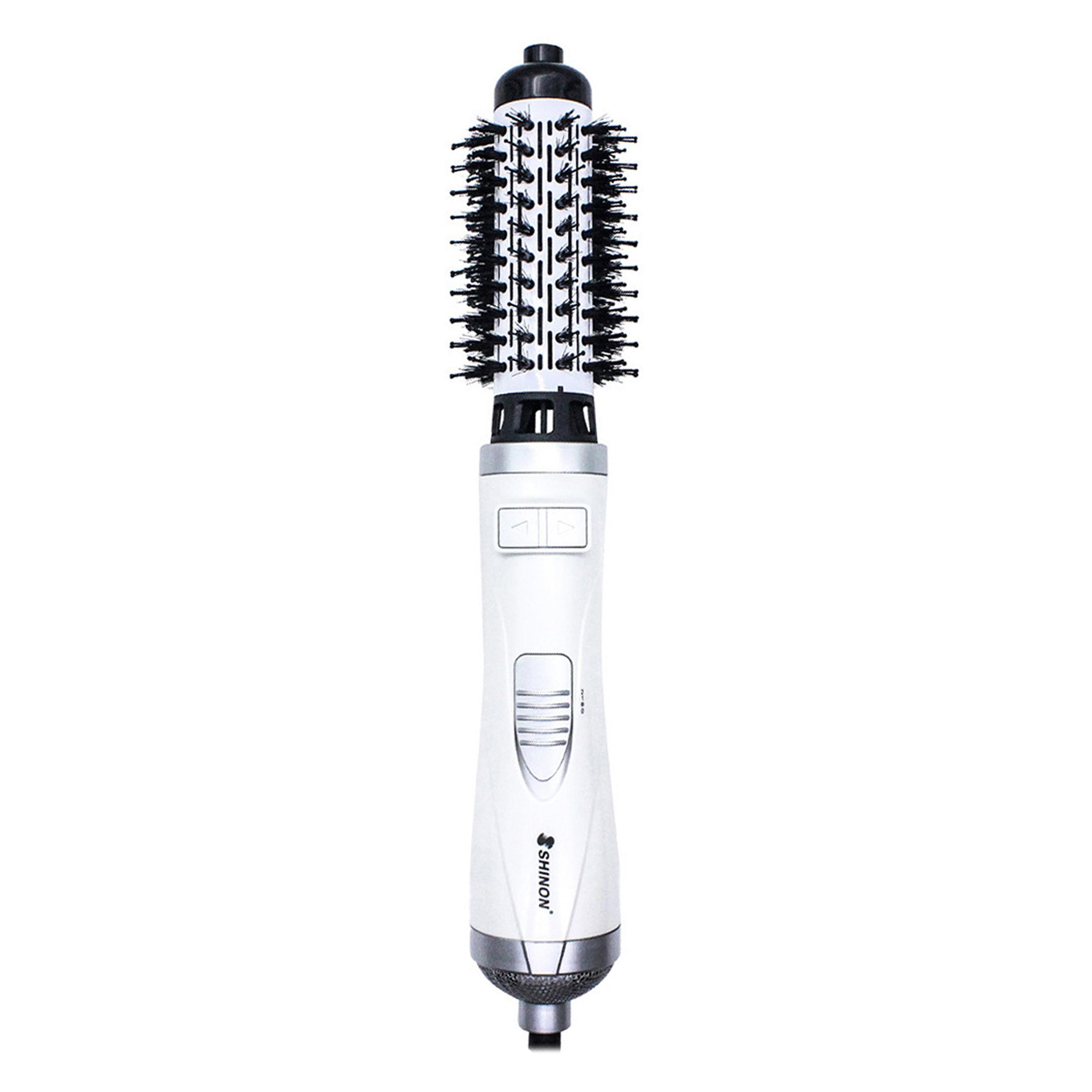 سشوار برس‌دار چرخشی 900 وات شینون مدل SH-8228، موتور AC، وزن 400 گرم، دارای سری برس‌دار گرد پهن با ویژگی صاف‌کنندگی، حجم‌دهندگی، با قابلیت تنظیم دما، سیم گردان