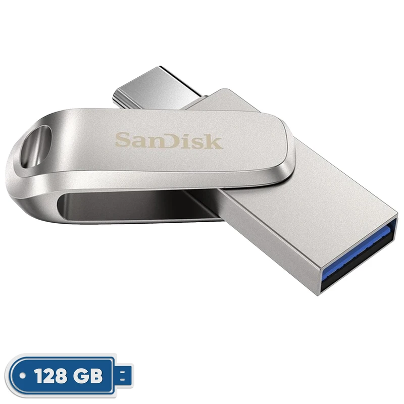 فلش مموری سن دیسک مدل Dual Drive Luxe ظرفیت 128 گیگابایت با طراحی چرخشی، دو رابط USB Type-C و USB Type-A، سرعت انتقال 150 مگابایت بر ثانیه، بدنه فلزی و سازگار با موبایل، تبلت، کامپیوتر و تلویزیون