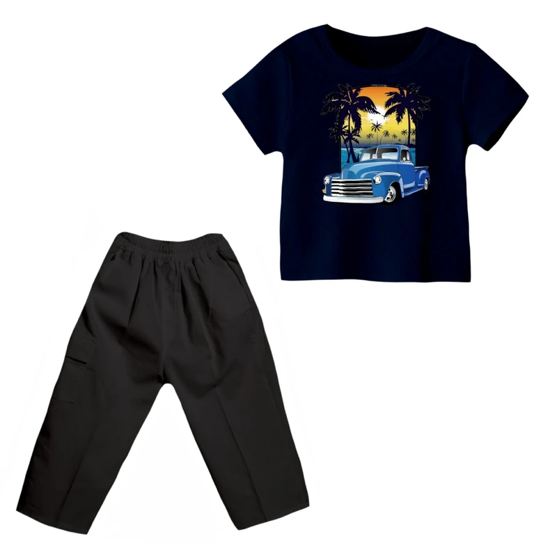 ست تی شرت و شلوارک پسرانه مدل ماشین کد 6 رنگ سرمه ای