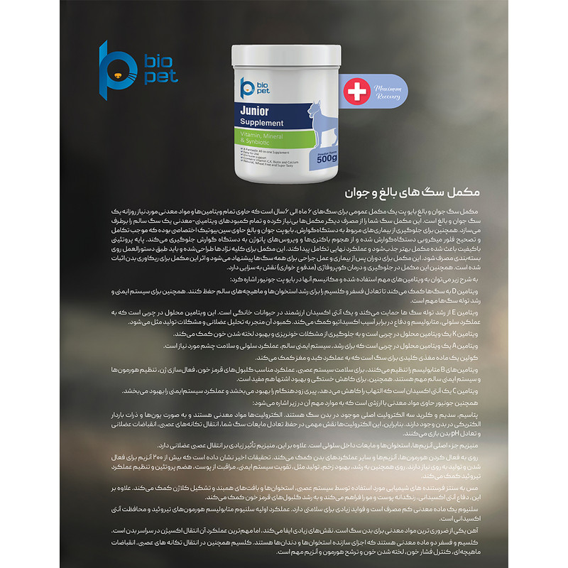 پودر مکمل سگ بالغ و جوان بایو پت مدل Junior وزن 400 گرم