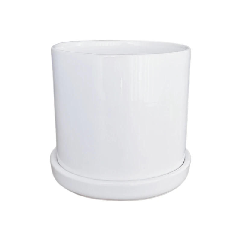 گلدان سرامیکی مدل استوانه‌ای به همراه زیرگلدانی