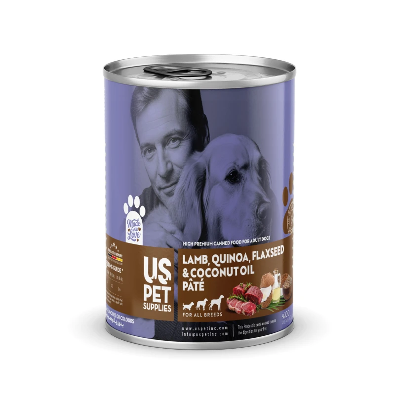 کنسرو غذای سگ یو اس پت مدل های پریمیوم طعم گوشت بره، کینوآ، تخم کتان و روغن نارگیل وزن 800 گرم