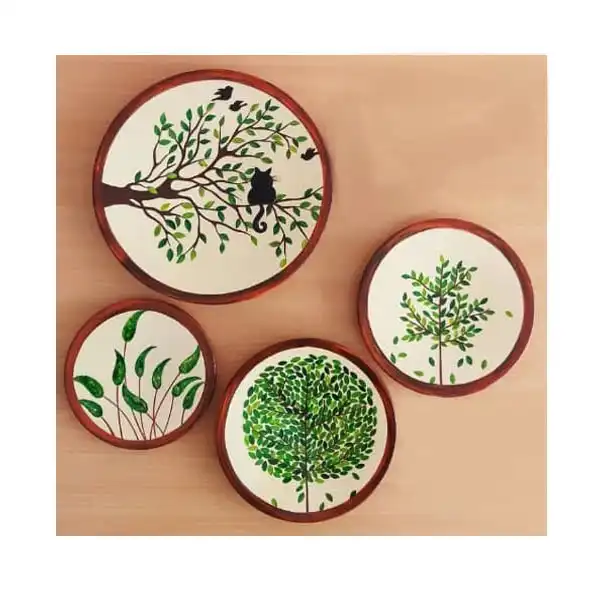 بشقاب دیوارکوب سفالی طرح گربه و درخت کد 15 مجموعه 4 عددی