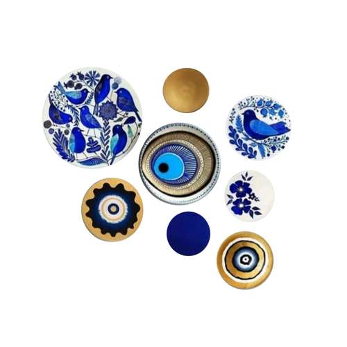 بشقاب دیوارکوب سفالی طرح چشم نظر مجموعه 8 عددی 