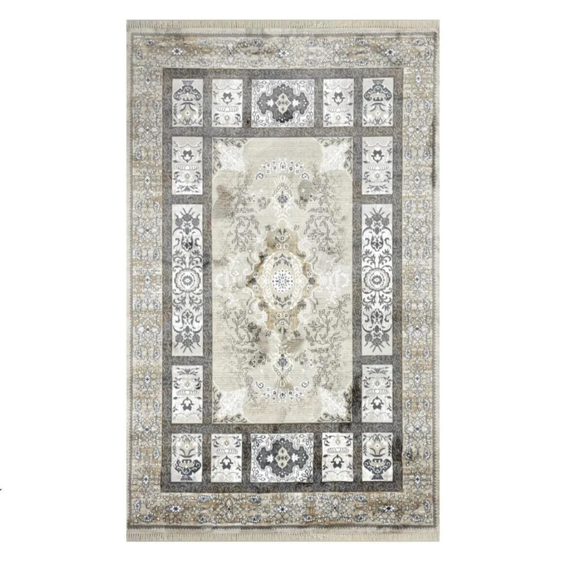 فرش ماشینی 500 شانه زمینه کرم حاشیه نسکافه ای مدل 60240