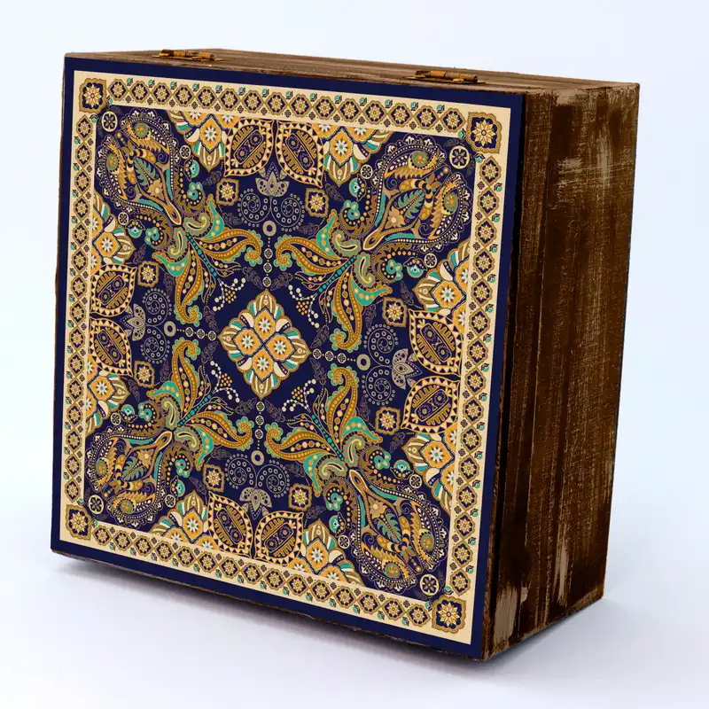جعبه هدیه چوبی مدل سنتی طرح کاشی کد WB104
