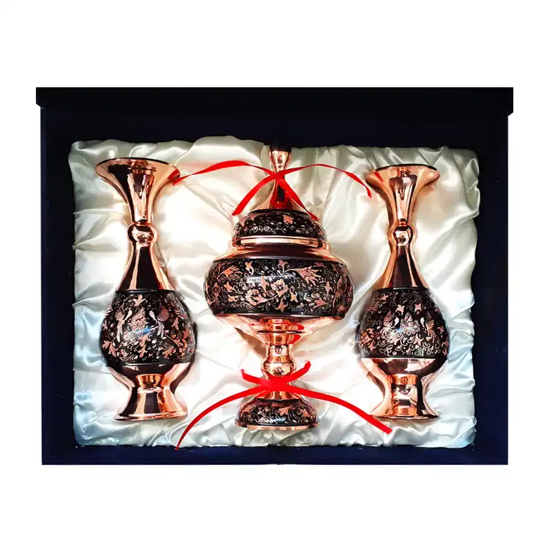 ست سه تکه گلدان و شکلات خوری مدل الماس تراش طرح گل و مرغ کد 25-3